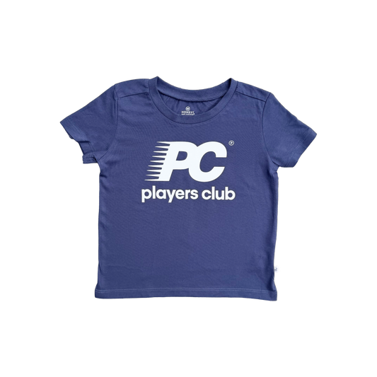 Blue t-shirt with 'players club' logo on a white background